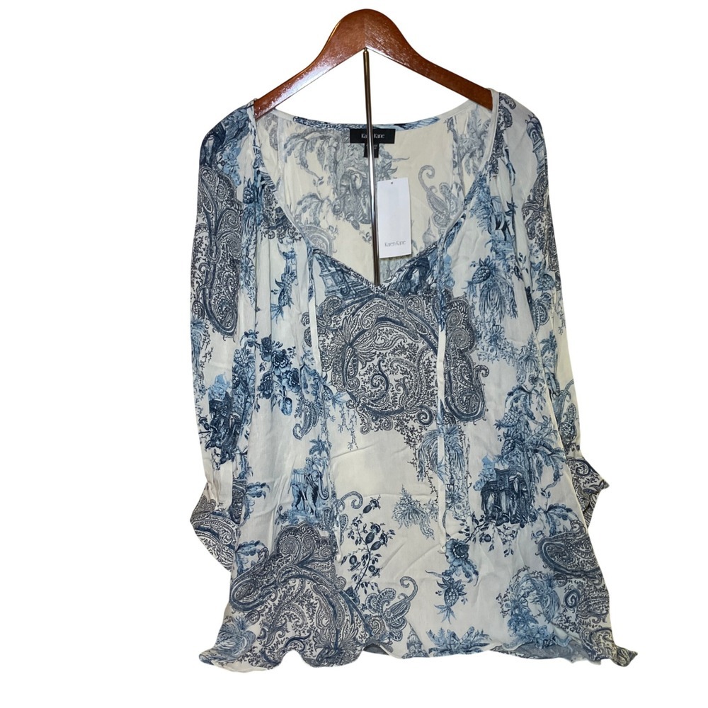 Karen Kane Peasant Blouse Women's Size 3X Blue White Toile Paisley NWT Tie Neck